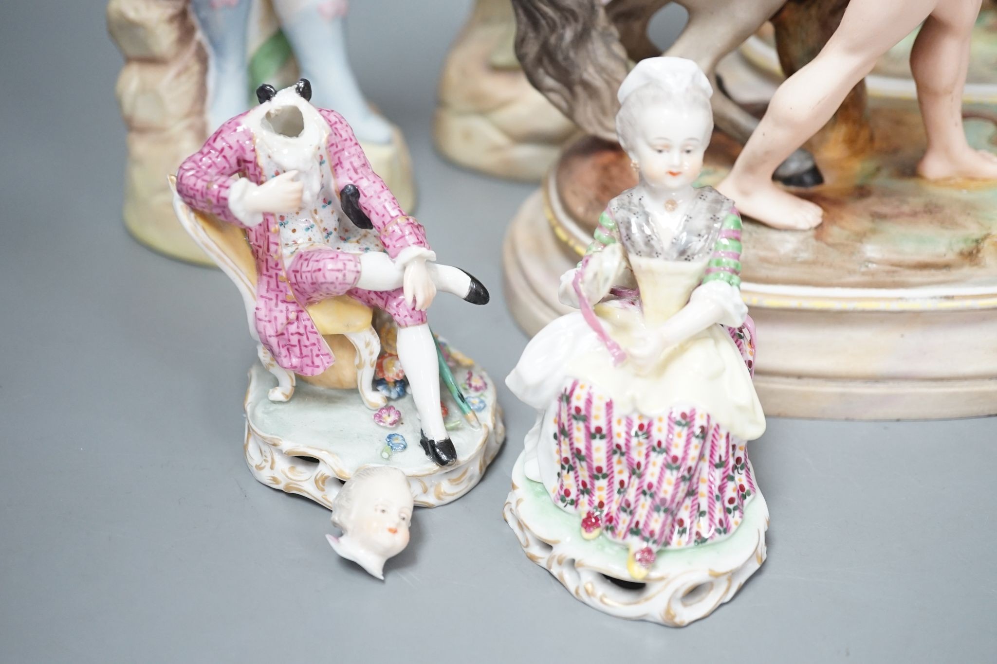 A pair of French bisque Marly horse groups and two pairs of French porcelain figures 27cm